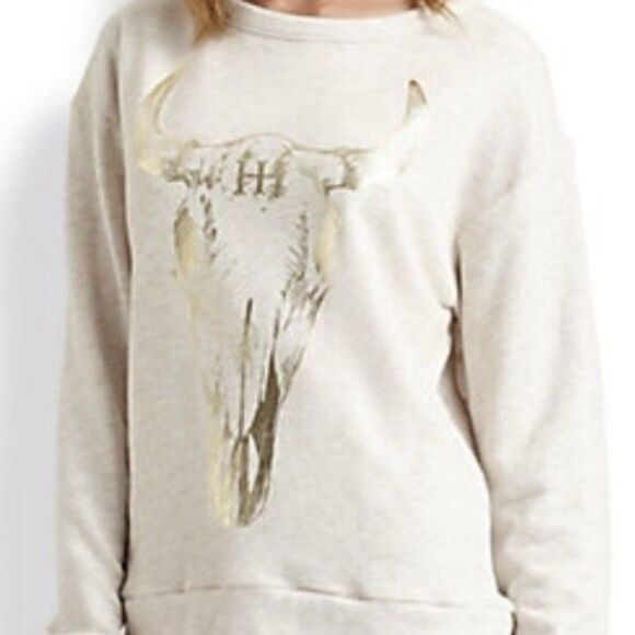 Haute Hippie Pullover Sweatshirt Longhorn Cow Skull Oatmeal Cream/Gold Size XS/S - Picture 1 of 9